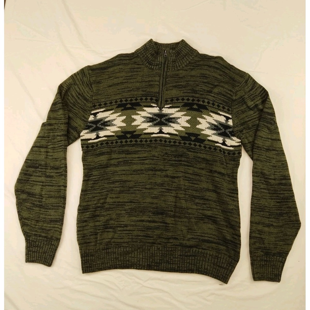 Carbon 1/4 Zip Green Knit Sweater Aztec Pattern Ribbed Neck XXL‎